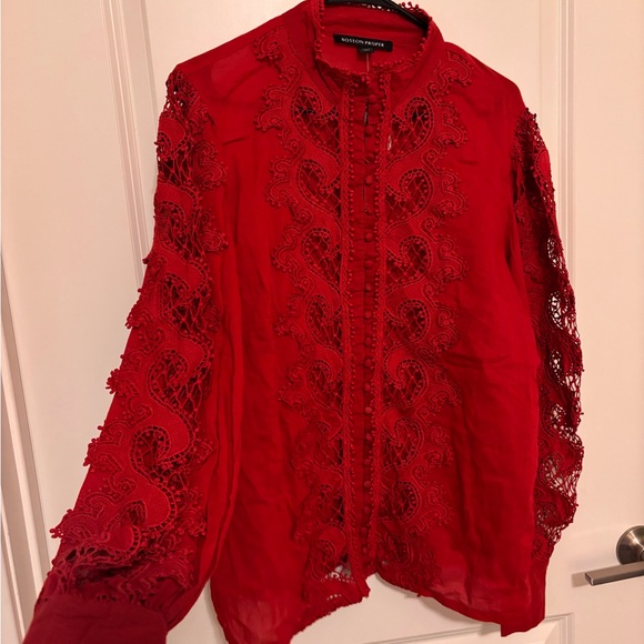 Boston Proper Womens Drama Sleeve Shirt Sz L Mock Neck Button Front Texture Lace - Picture 4 of 16